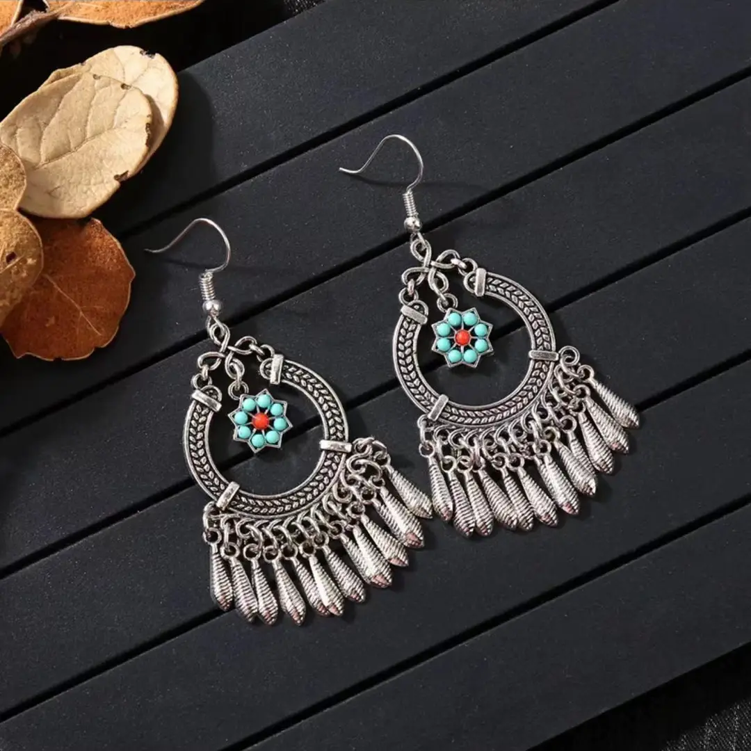 Bohemian Turquoise Earrings European and American Retro Owl Geometric Dreamcatcher Feather Tassel Earrings Women