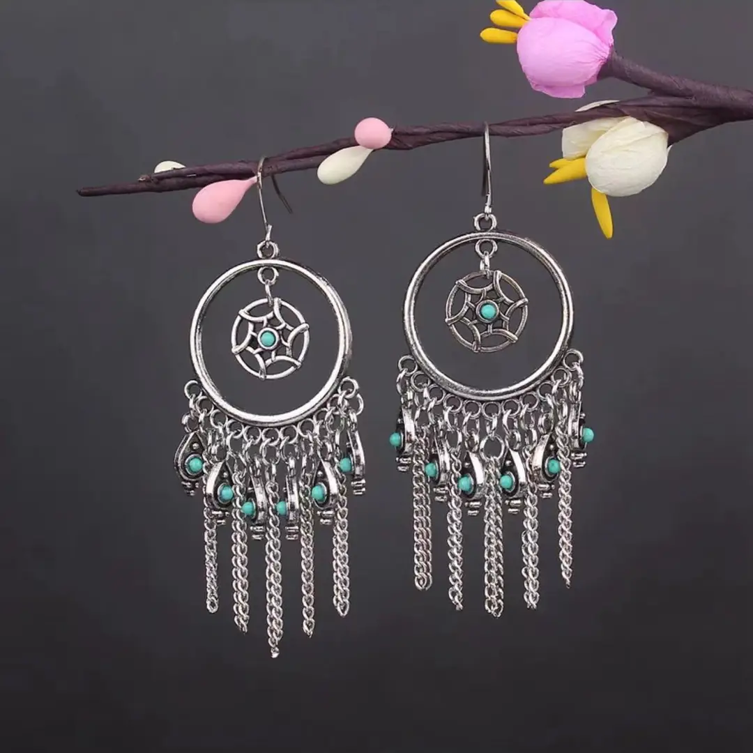 Bohemian Turquoise Earrings European and American Retro Owl Geometric Dreamcatcher Feather Tassel Earrings Women