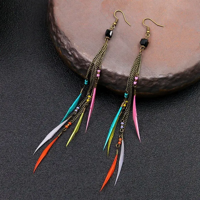 Bohemian Turquoise Earrings European and American Retro Owl Geometric Dreamcatcher Feather Tassel Earrings Women