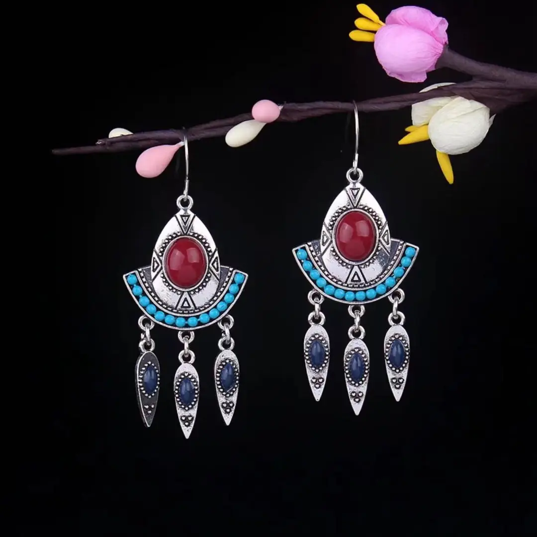 Bohemian Turquoise Earrings European and American Retro Owl Geometric Dreamcatcher Feather Tassel Earrings Women