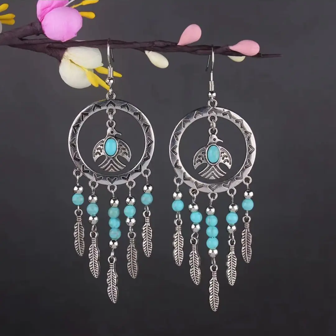 Bohemian Turquoise Earrings European and American Retro Owl Geometric Dreamcatcher Feather Tassel Earrings Women