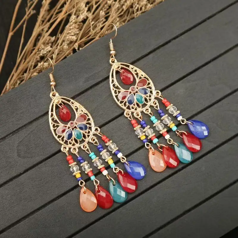 Bohemian Turquoise Earrings European and American Retro Owl Geometric Dreamcatcher Feather Tassel Earrings Women