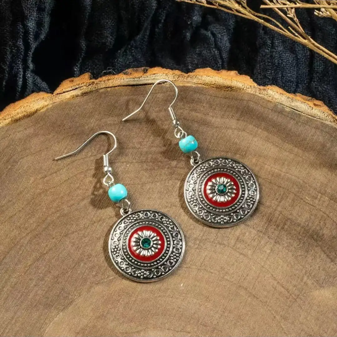 Bohemian Turquoise Earrings European and American Retro Owl Geometric Dreamcatcher Feather Tassel Earrings Women