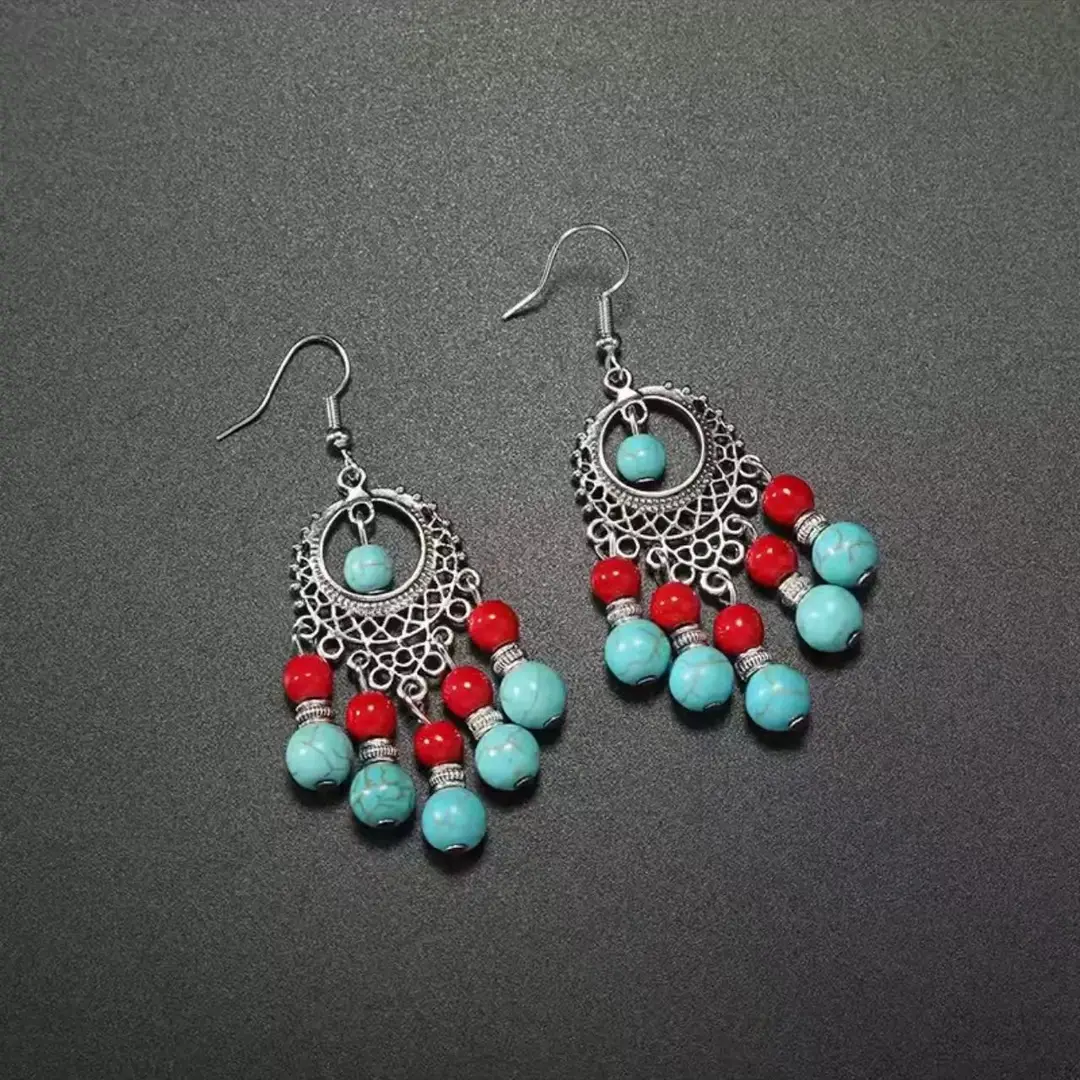 Bohemian Turquoise Earrings European and American Retro Owl Geometric Dreamcatcher Feather Tassel Earrings Women