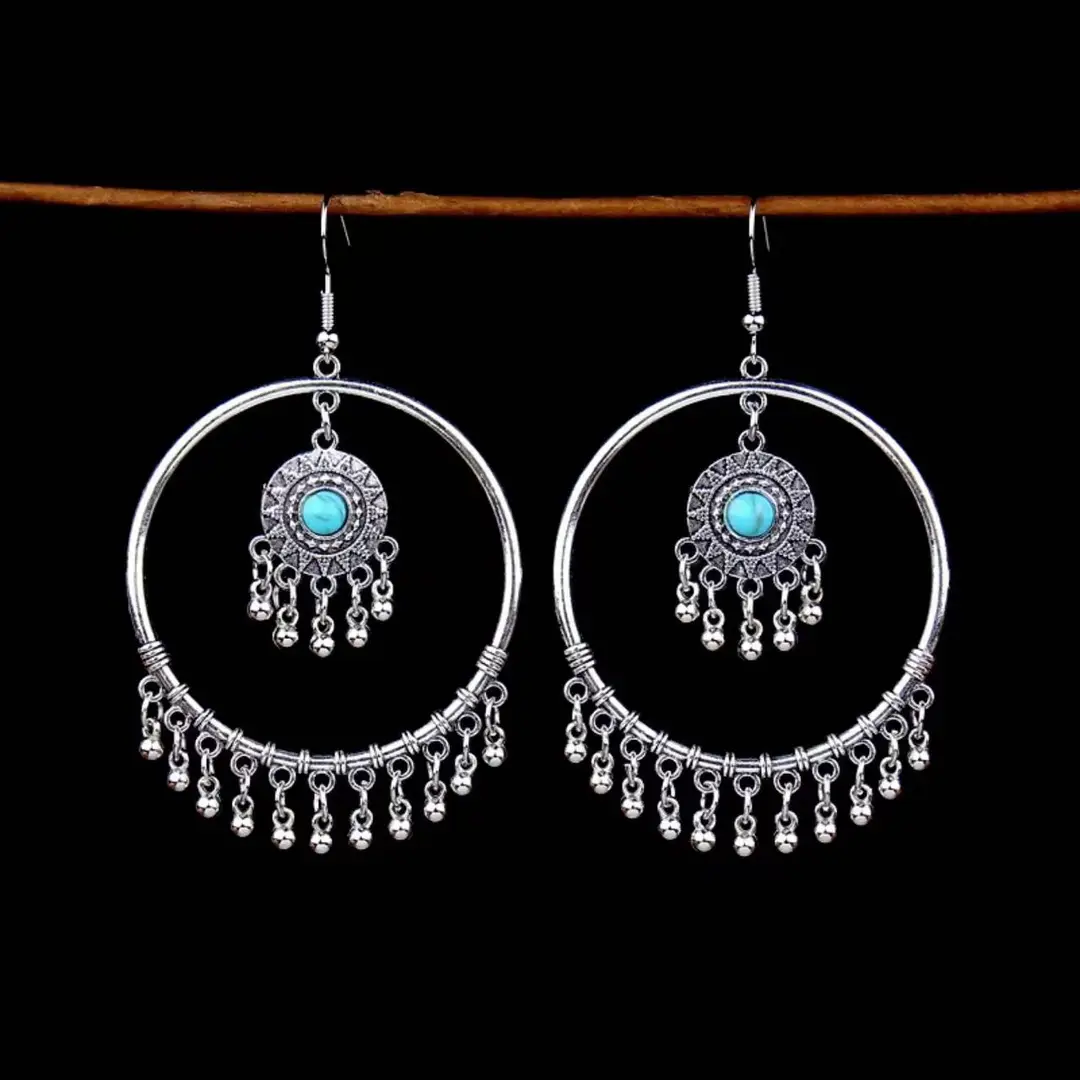 Bohemian Turquoise Earrings European and American Retro Owl Geometric Dreamcatcher Feather Tassel Earrings Women