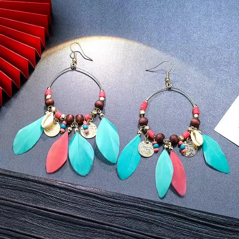 Bohemian Turquoise Earrings European and American Retro Owl Geometric Dreamcatcher Feather Tassel Earrings Women