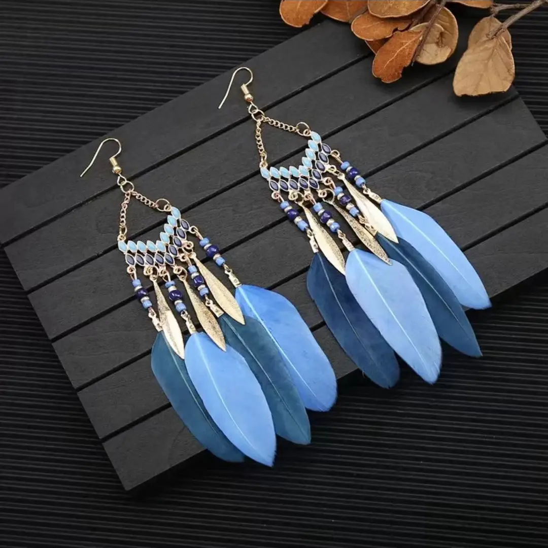 Bohemian Turquoise Earrings European and American Retro Owl Geometric Dreamcatcher Feather Tassel Earrings Women