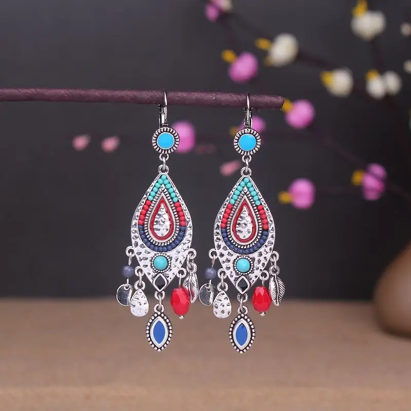 Bohemian Turquoise Earrings European and American Retro Owl Geometric Dreamcatcher Feather Tassel Earrings Women