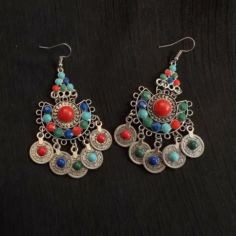 Bohemian Turquoise Earrings European and American Retro Owl Geometric Dreamcatcher Feather Tassel Earrings Women
