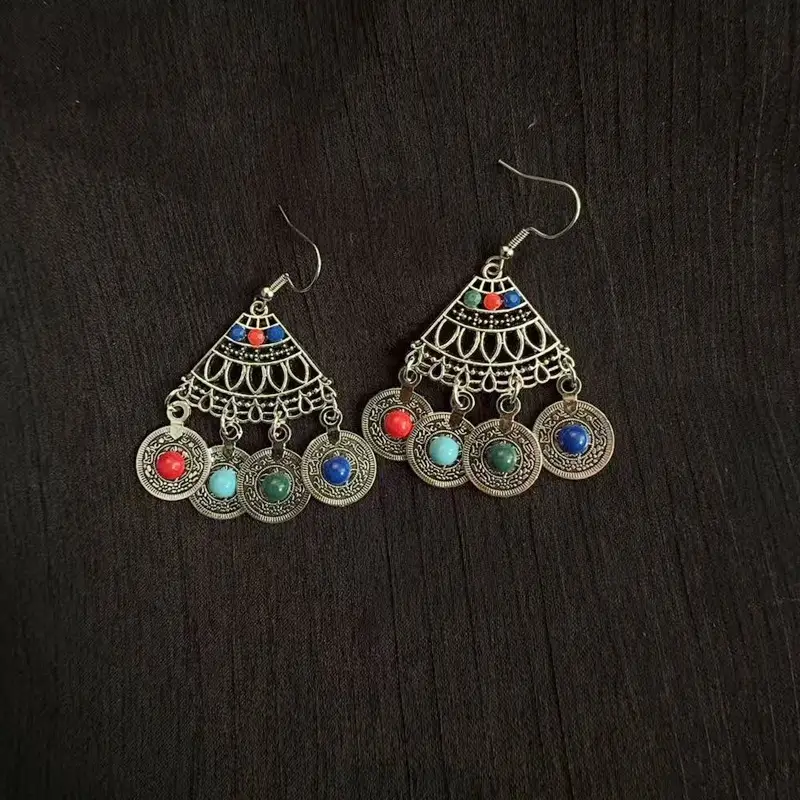 Bohemian Turquoise Earrings European and American Retro Owl Geometric Dreamcatcher Feather Tassel Earrings Women