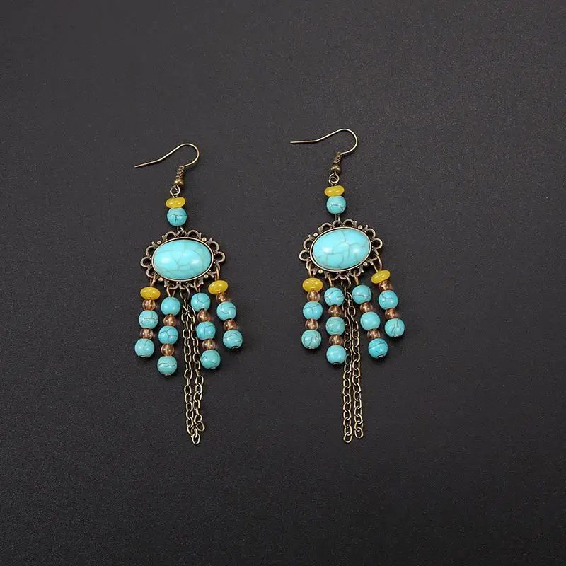 Bohemian Turquoise Earrings European and American Retro Owl Geometric Dreamcatcher Feather Tassel Earrings Women