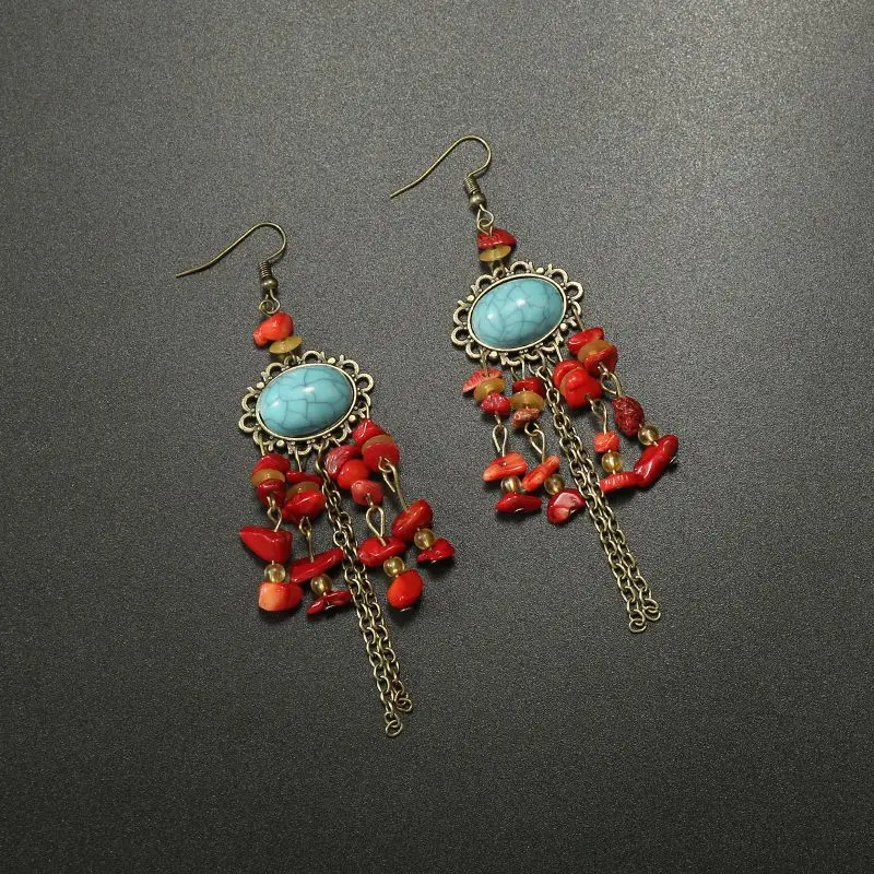 Bohemian Turquoise Earrings European and American Retro Owl Geometric Dreamcatcher Feather Tassel Earrings Women