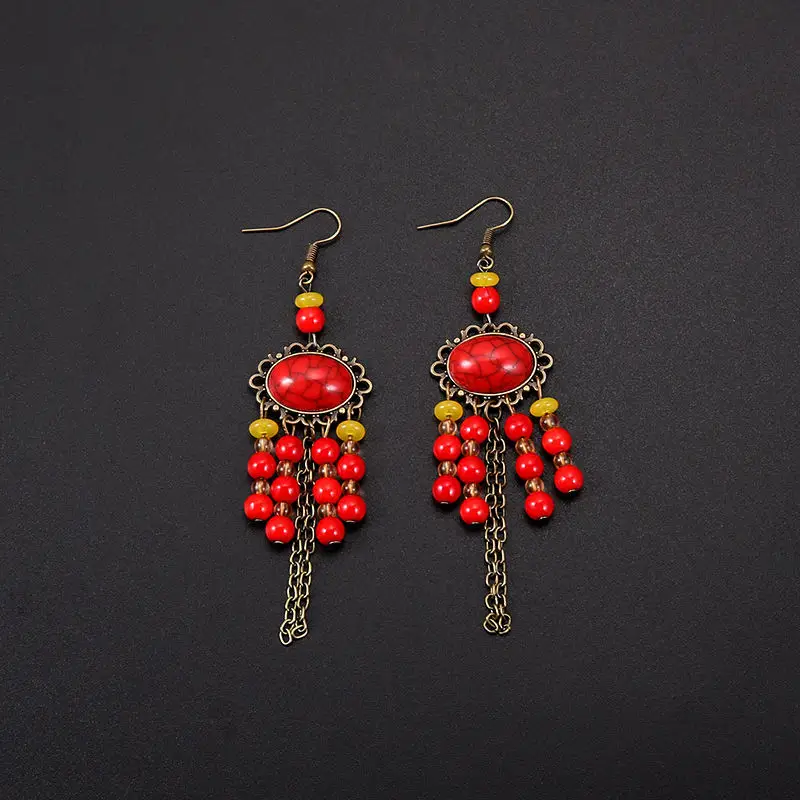 Bohemian Turquoise Earrings European and American Retro Owl Geometric Dreamcatcher Feather Tassel Earrings Women