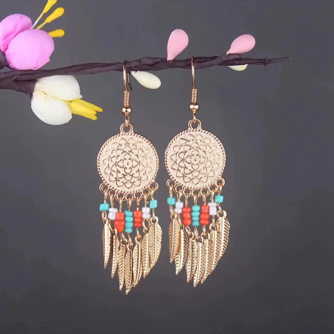Bohemian Turquoise Earrings European and American Retro Owl Geometric Dreamcatcher Feather Tassel Earrings Women