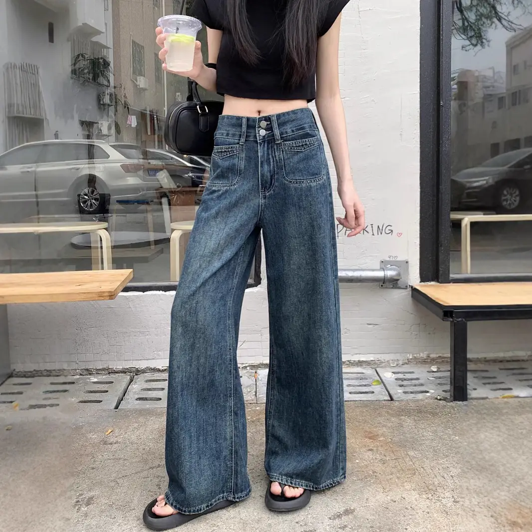 Women's Dark Blue Wide Leg Jeans Plus Size Autumn