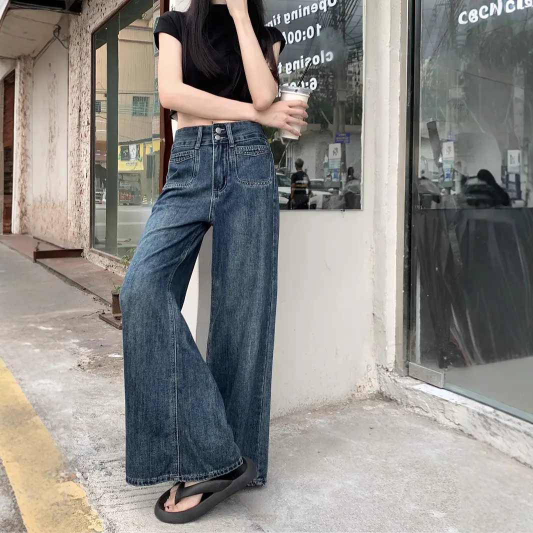 Women's Dark Blue Wide Leg Jeans Plus Size Autumn