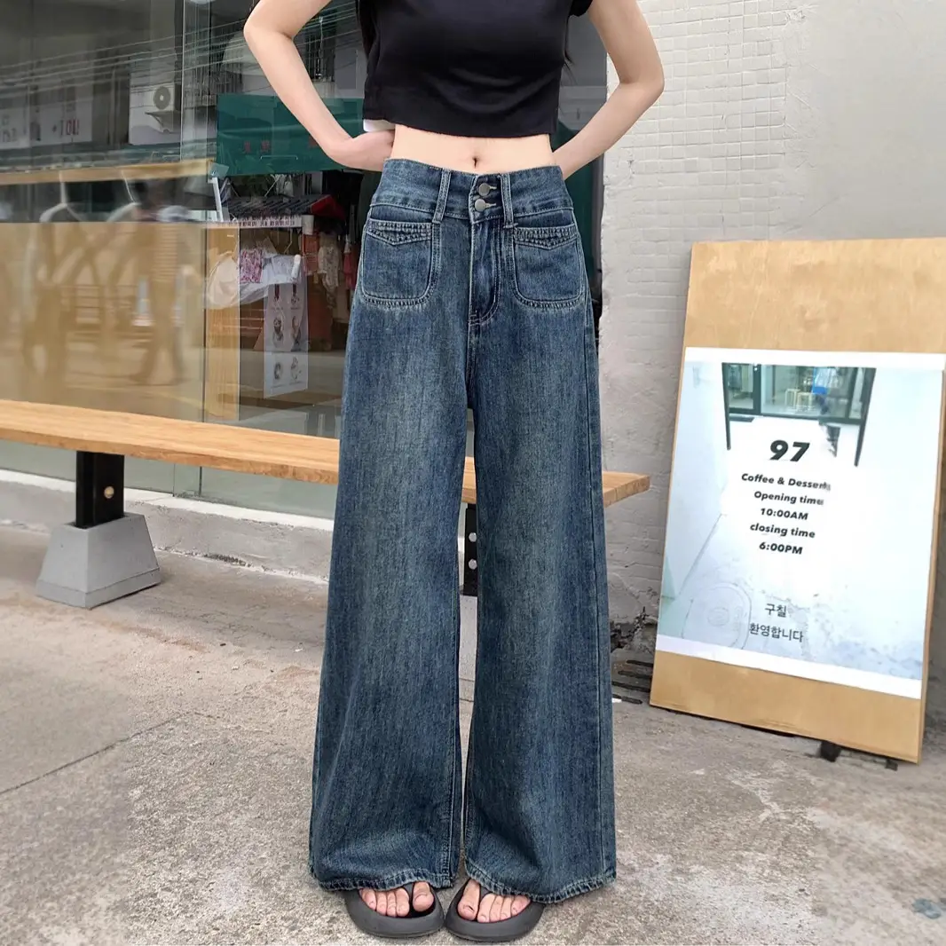 Women's Dark Blue Wide Leg Jeans Plus Size Autumn