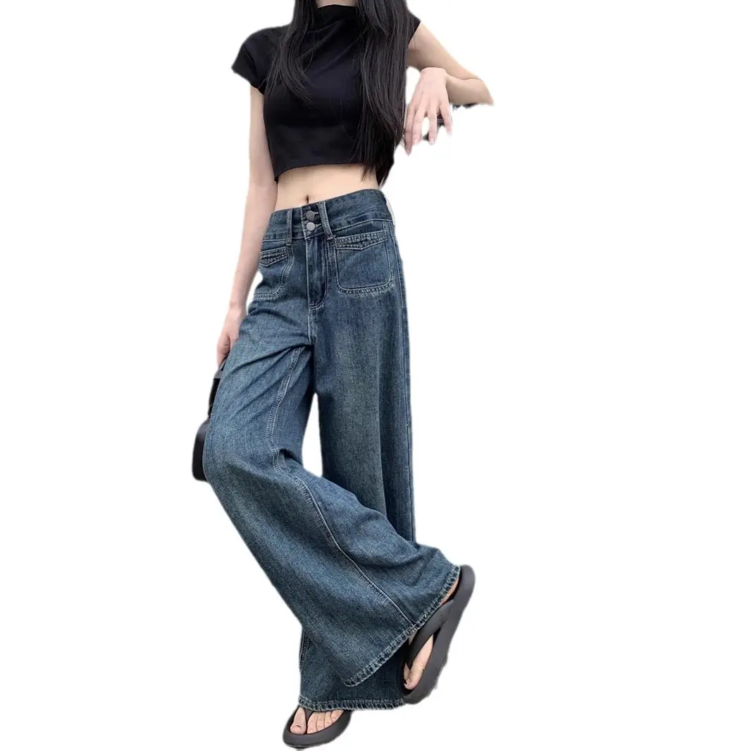 Women's Dark Blue Wide Leg Jeans Plus Size Autumn