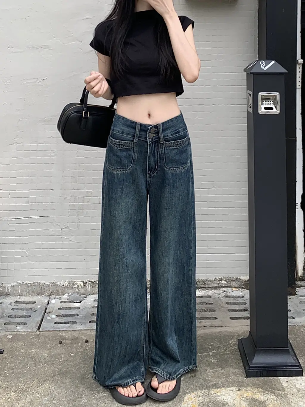 Women's Dark Blue Wide Leg Jeans Plus Size Autumn — feature 13