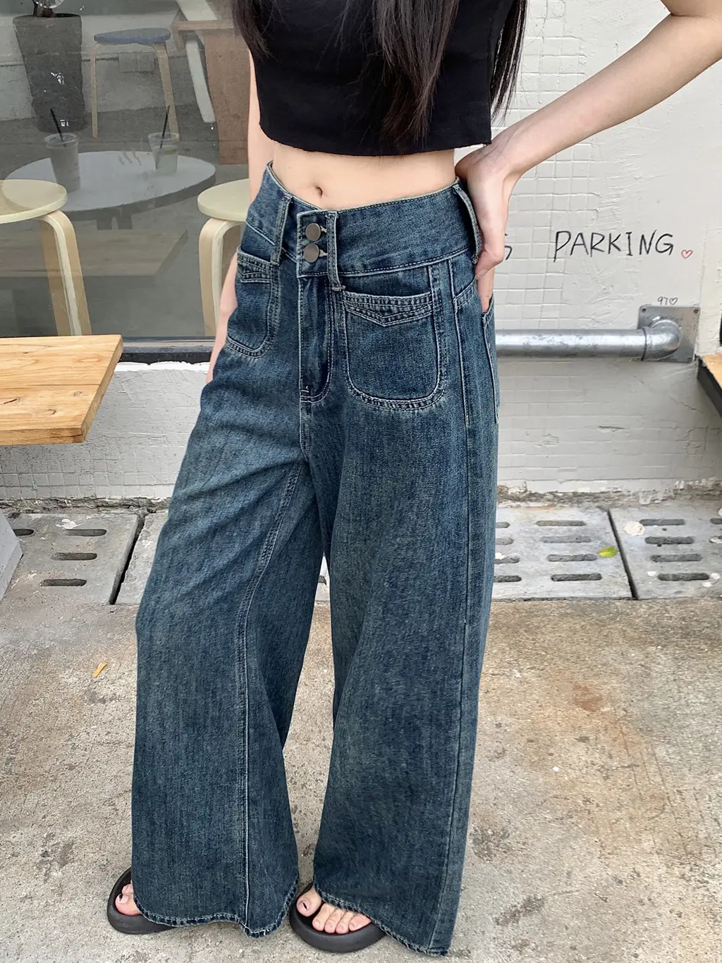 Women's Dark Blue Wide Leg Jeans Plus Size Autumn — feature 14