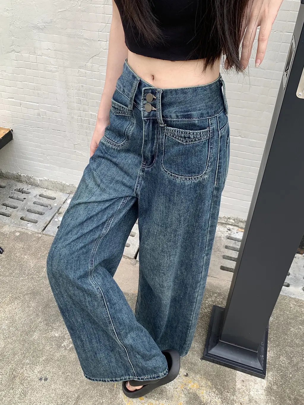 Women's Dark Blue Wide Leg Jeans Plus Size Autumn — feature 16
