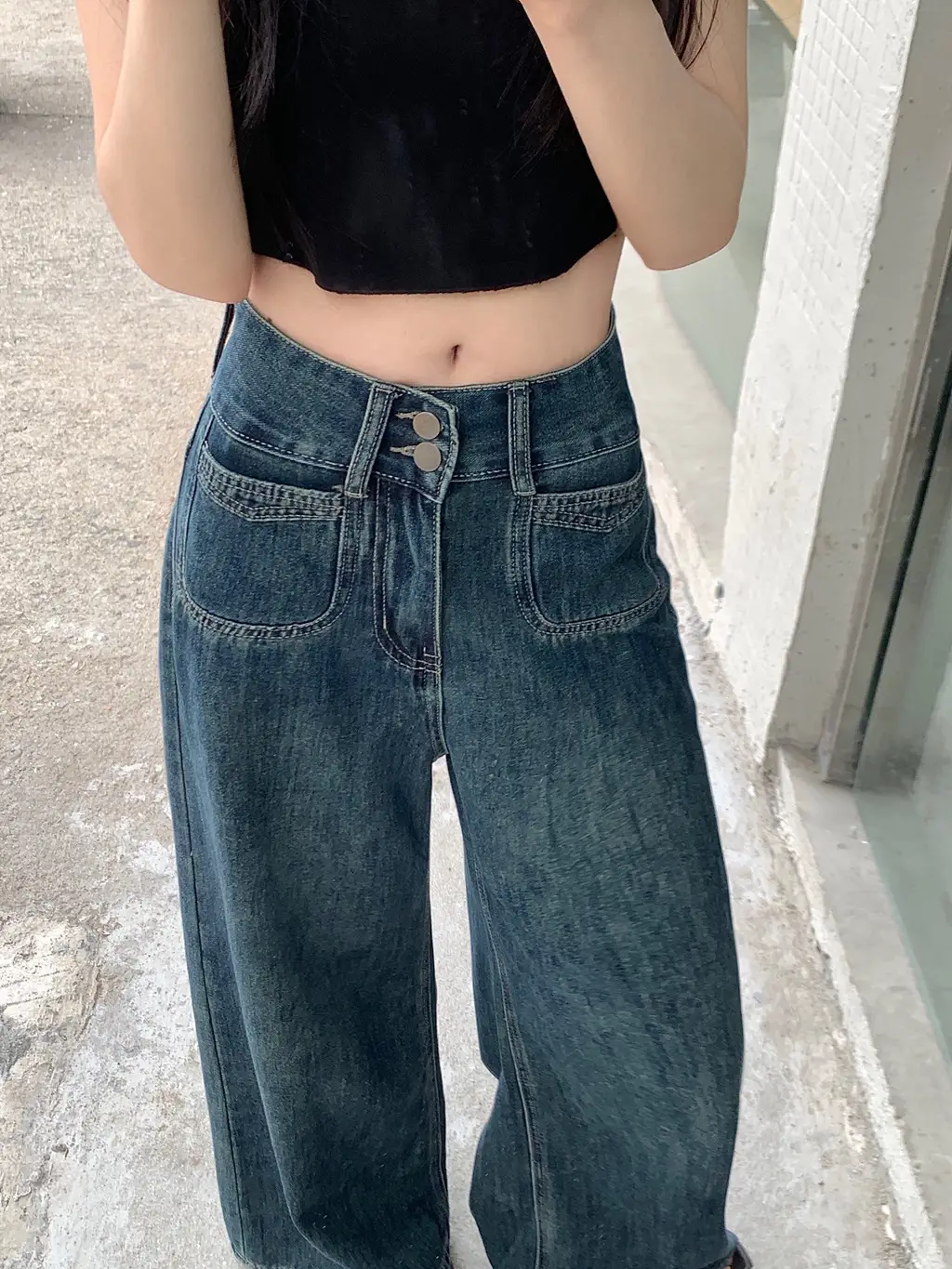 Women's Dark Blue Wide Leg Jeans Plus Size Autumn — feature 17