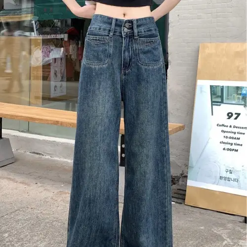 Women's Dark Blue Wide Leg Jeans Plus Size Autumn — feature 2