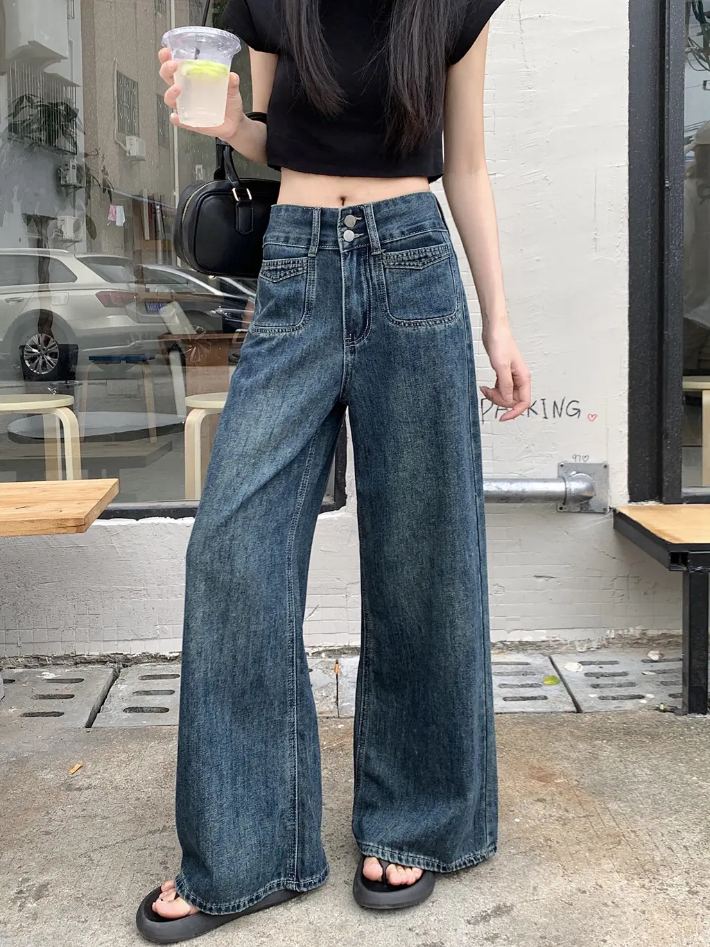 Women's Dark Blue Wide Leg Jeans Plus Size Autumn — feature 4