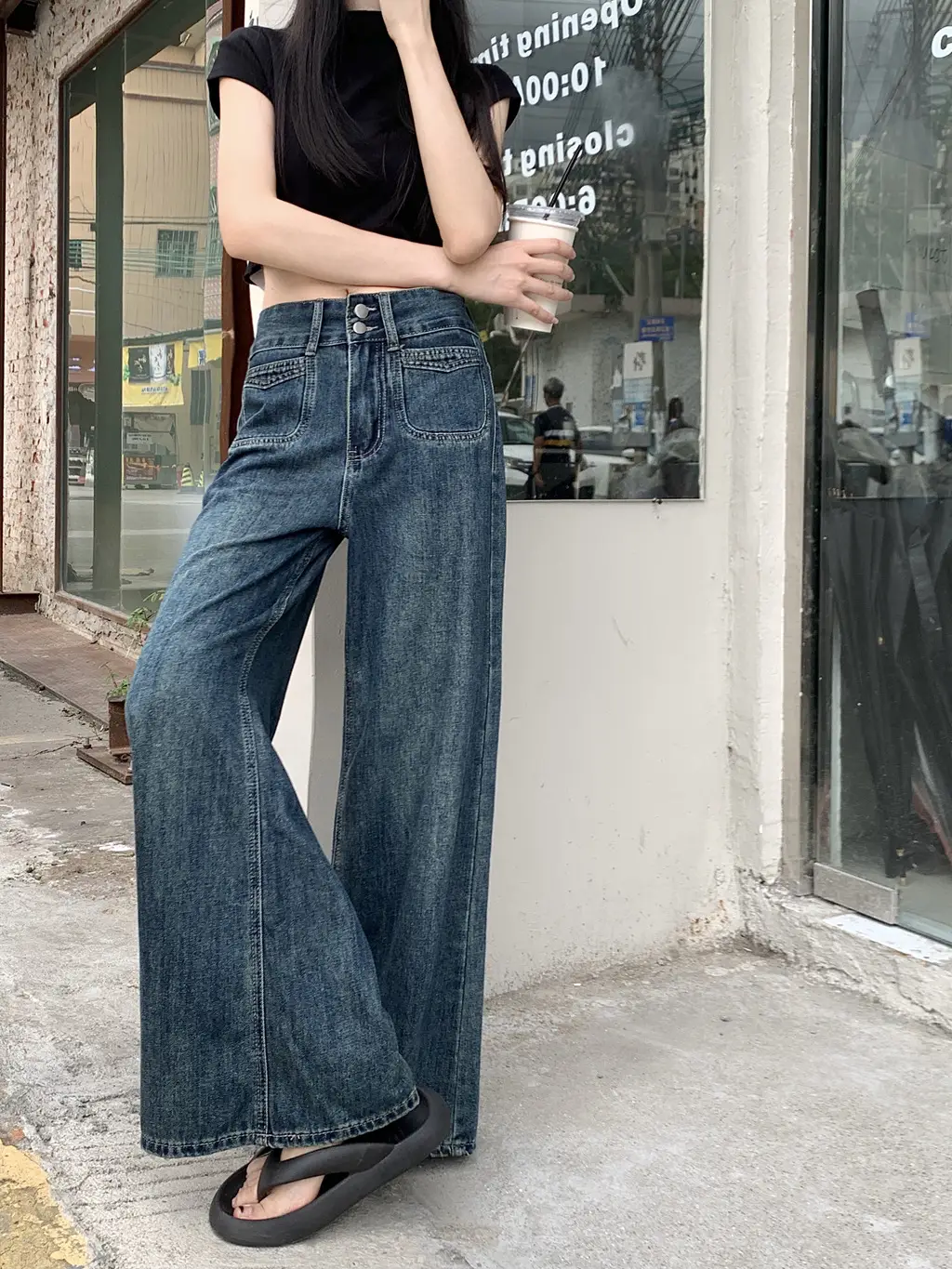 Women's Dark Blue Wide Leg Jeans Plus Size Autumn — feature 5