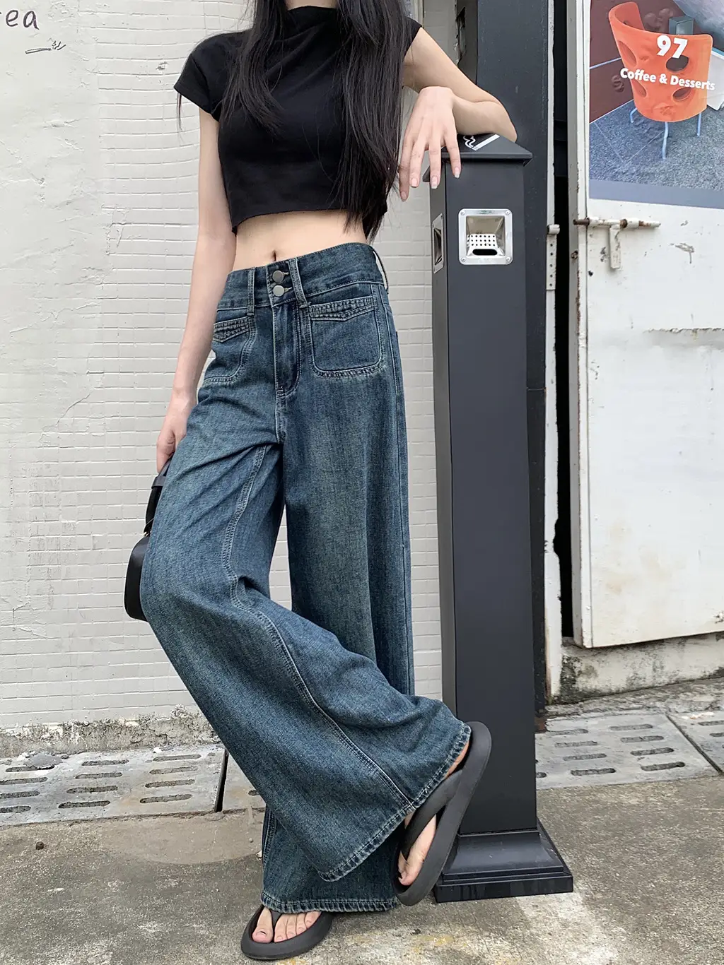 Women's Dark Blue Wide Leg Jeans Plus Size Autumn — feature 7