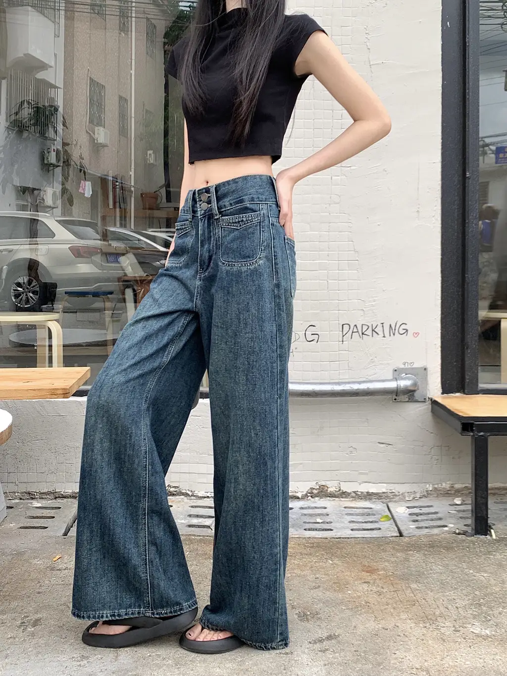Women's Dark Blue Wide Leg Jeans Plus Size Autumn — feature 8