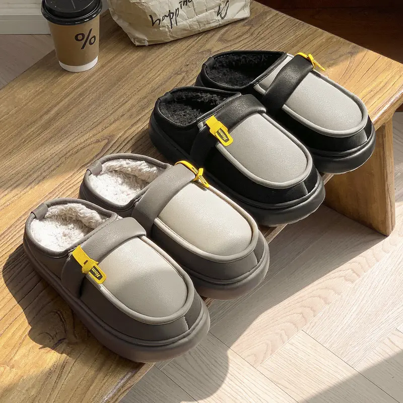Men's New Cotton Slippers Autumn and Winter fleece-lined Warm Waterproof Home Cotton Slippers Casual Small Leather Shoes Men's Winter Outer Wear - Image 3