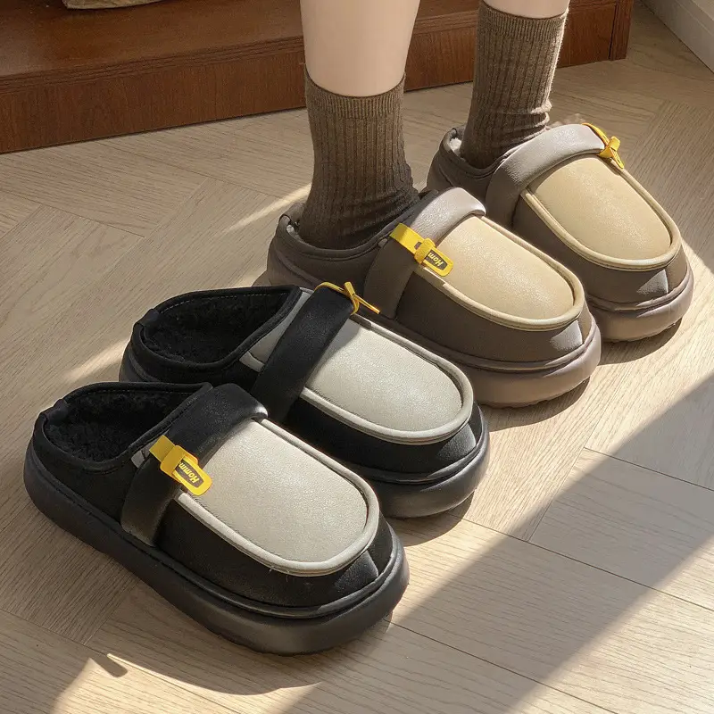 Men's New Cotton Slippers Autumn and Winter fleece-lined Warm Waterproof Home Cotton Slippers Casual Small Leather Shoes Men's Winter Outer Wear - Image 5