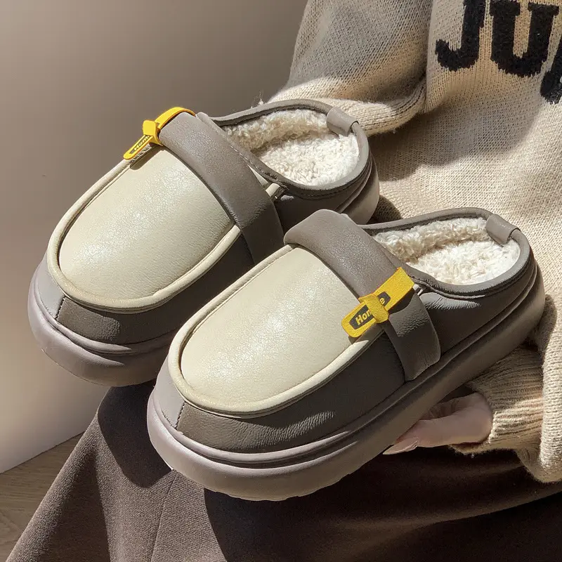 Men's New Cotton Slippers Autumn and Winter fleece-lined Warm Waterproof Home Cotton Slippers Casual Small Leather Shoes Men's Winter Outer Wear - Image 2