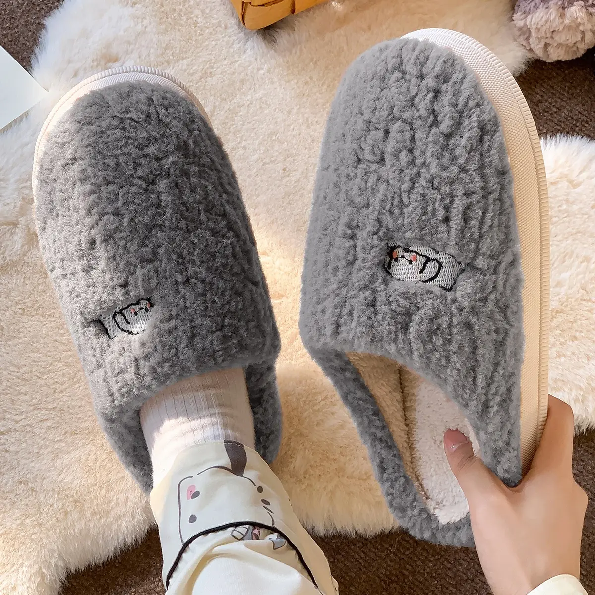 Pink Bear Embroidered Cotton Slippers for Women Winter - Image 9