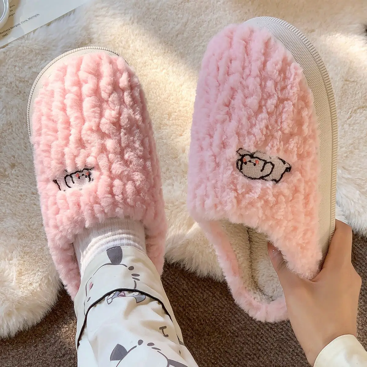 Pink Bear Embroidered Cotton Slippers for Women Winter - Image 5