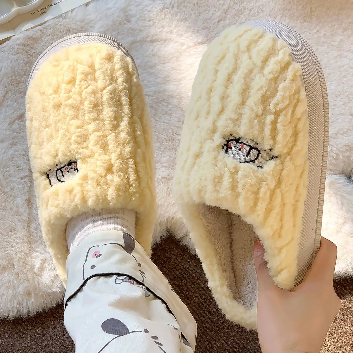 Pink Bear Embroidered Cotton Slippers for Women Winter - Image 6