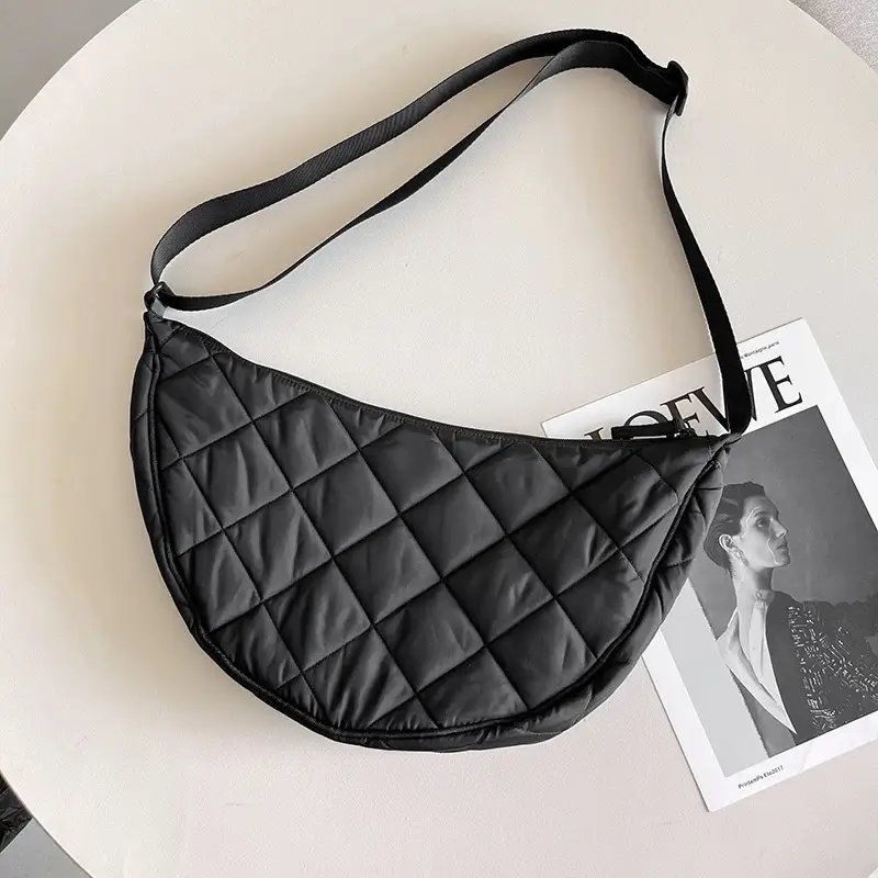 Black Quilted Crossbody Shoulder Bag with Diamond Stitching - Image 2