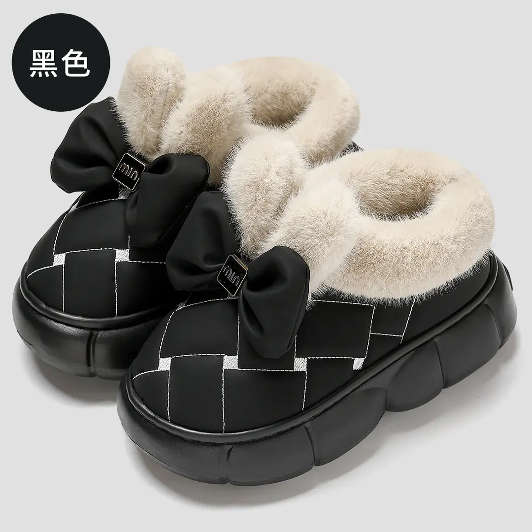 Bow-Knot Covered Cotton Shoes for Women, Indoor Cotton Slippers, Fleece-Lined Snow Boots, Thick-Soled Non-Slip Warm Cotton Slippers, Autumn and Winter Wholesale