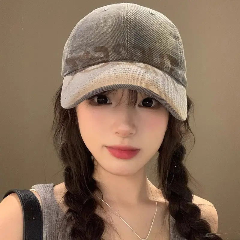 Women Gray Retro Letter Baseball Cap Wide Brim - Image 8