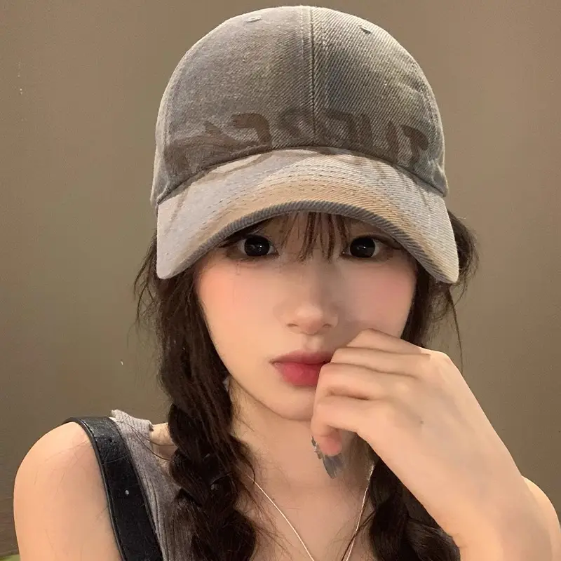 Women Gray Retro Letter Baseball Cap Wide Brim - Image 9