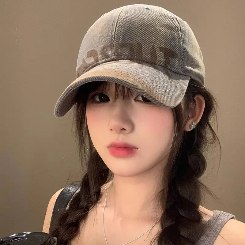 Women Gray Retro Letter Baseball Cap Wide Brim - Image 10