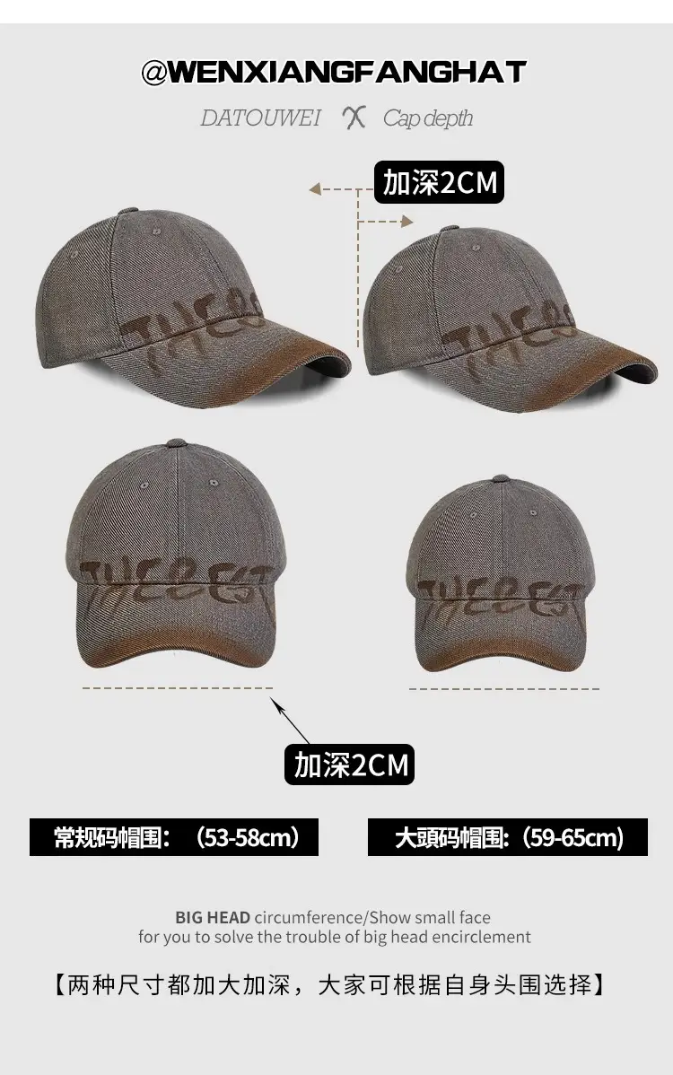 Women Gray Retro Letter Baseball Cap Wide Brim — feature 3
