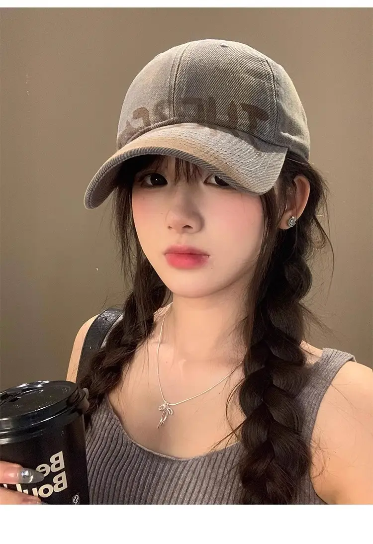 Women Gray Retro Letter Baseball Cap Wide Brim — feature 9
