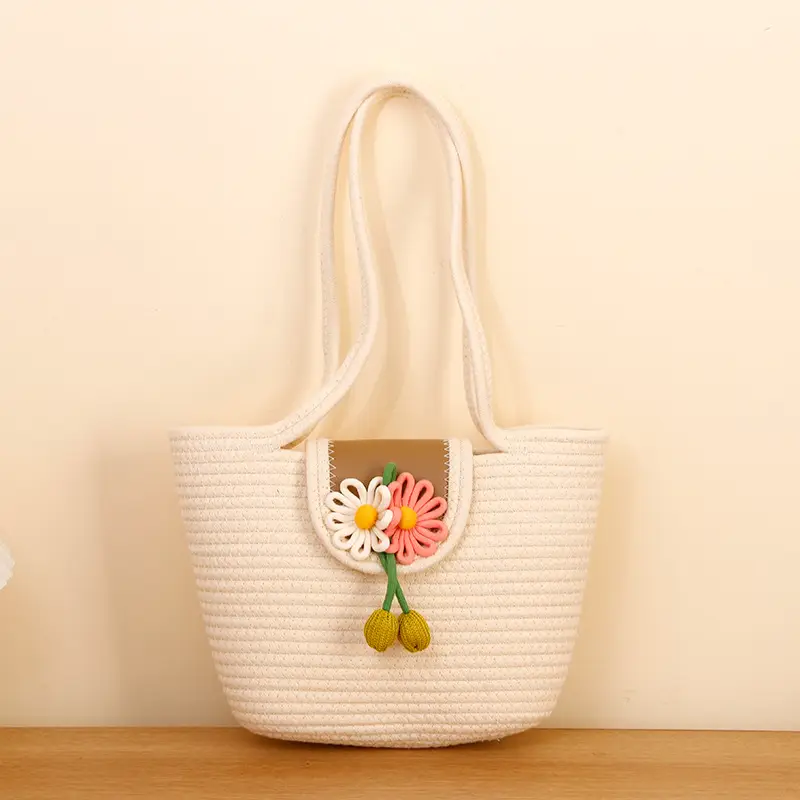 Women Straw Tote Bag with Flower Decor 2025 - Image 3