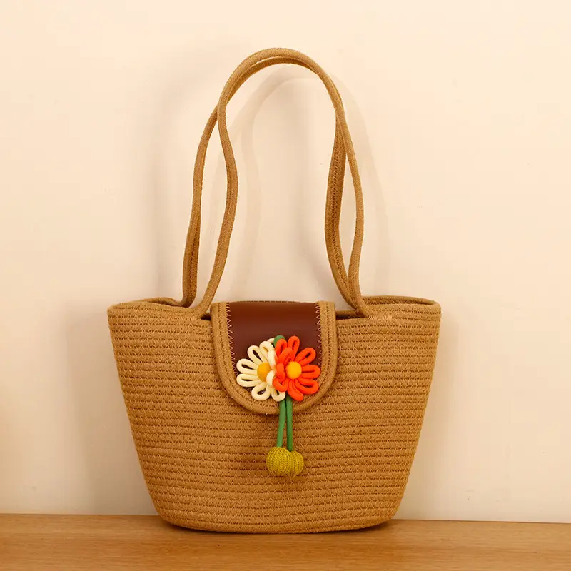 Women Straw Tote Bag with Flower Decor 2025 - Image 4