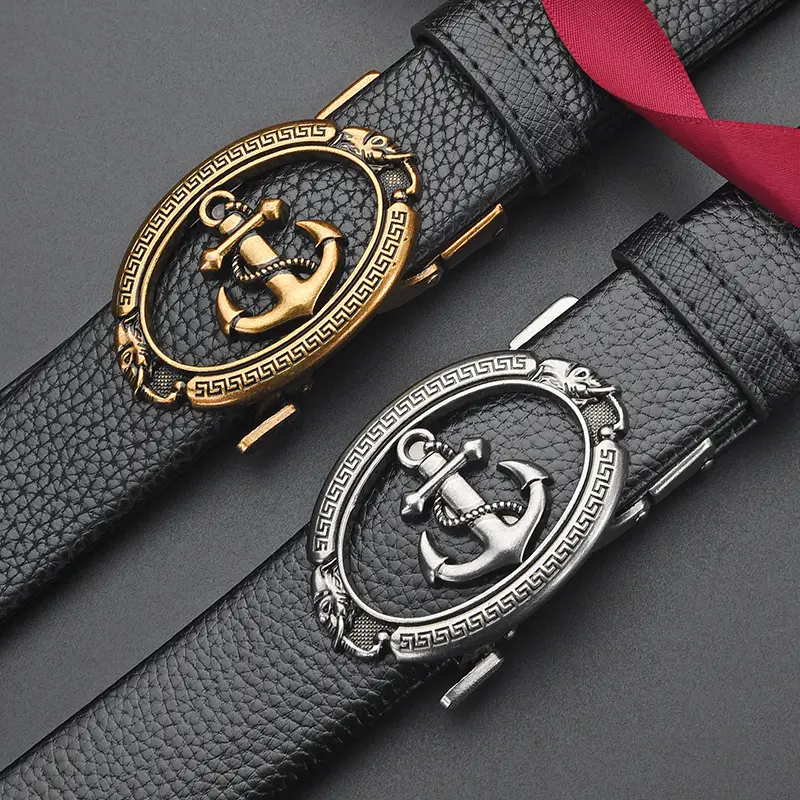 Retro Anchor Buckle Men's Belt Black Leather - Image 3