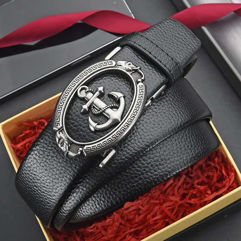 Retro Anchor Buckle Men's Belt Black Leather - Image 4