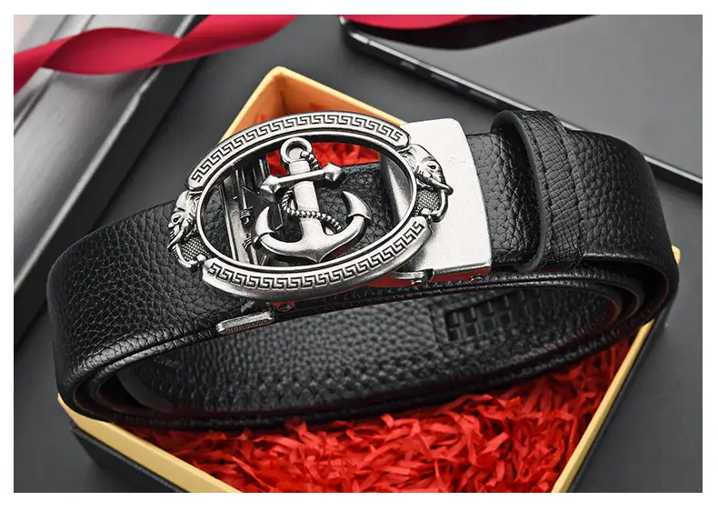 Retro Anchor Buckle Men's Belt Black Leather — feature 32