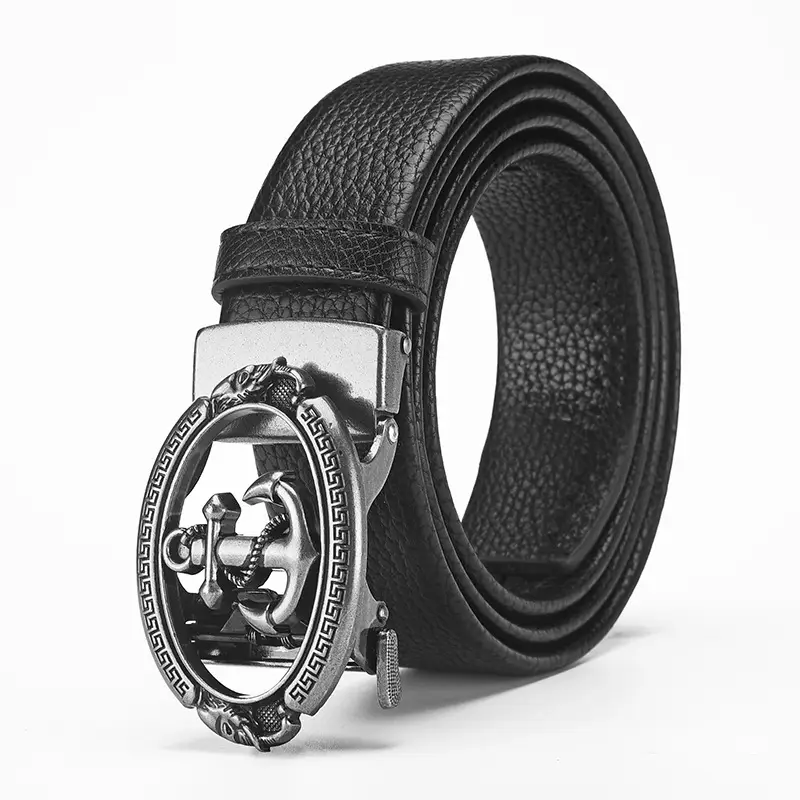 Retro Anchor Buckle Men's Belt Black Leather - Image 2